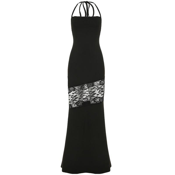 Robe longue fendue en dentelle à col carré et à nouer soi-même 