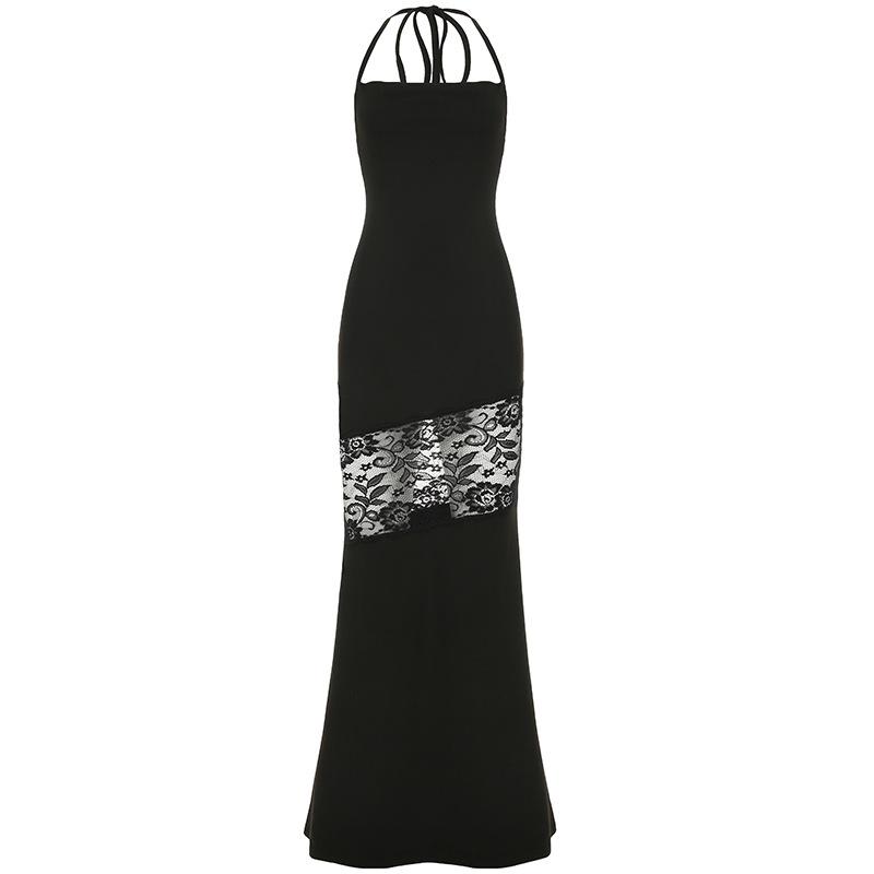 Robe longue fendue en dentelle à col carré et à nouer soi-même 