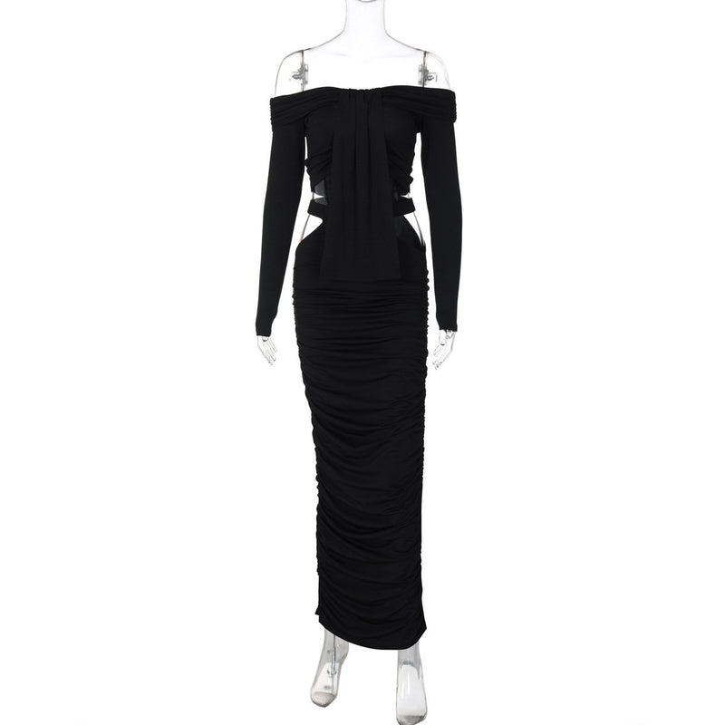 Off shoulder long sleeve hollow out maxi dress