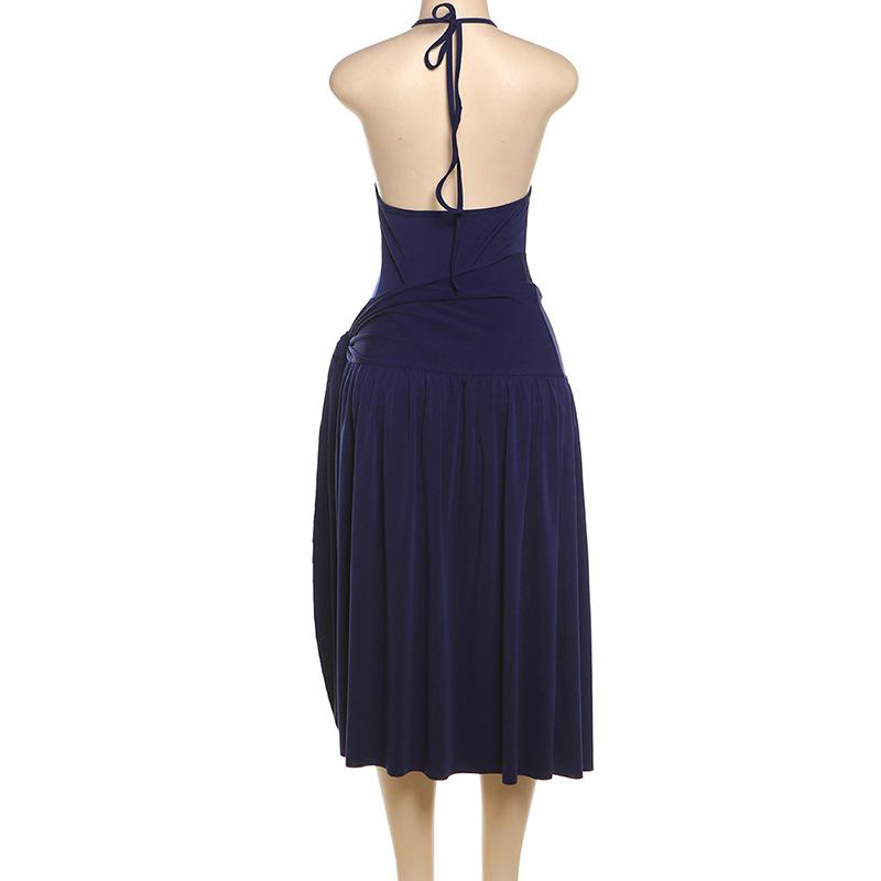 Halter self tie button ruched deep V neck midi skirt set
