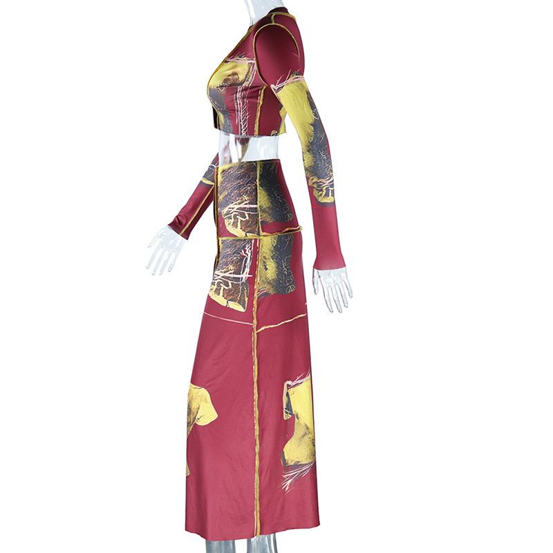 Conjunto de falda maxi con estampado de puntadas de botones y cuello en V y manga larga 