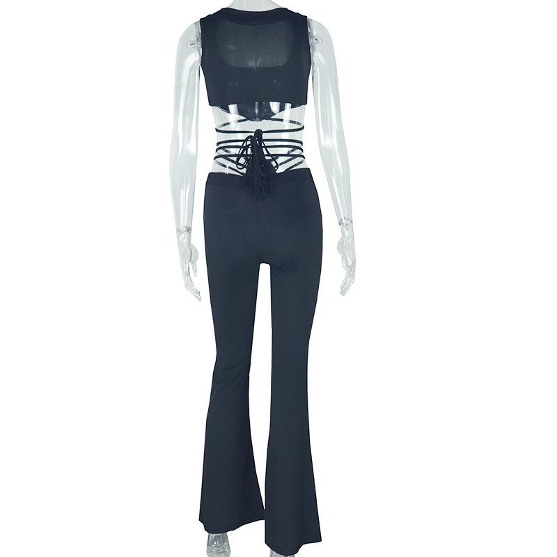 Ensemble pantalon uni à col carré et fermeture éclair à nouer soi-même 