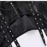 Top de manga larga con cremallera y apliques de remaches de cuero PU, calado 