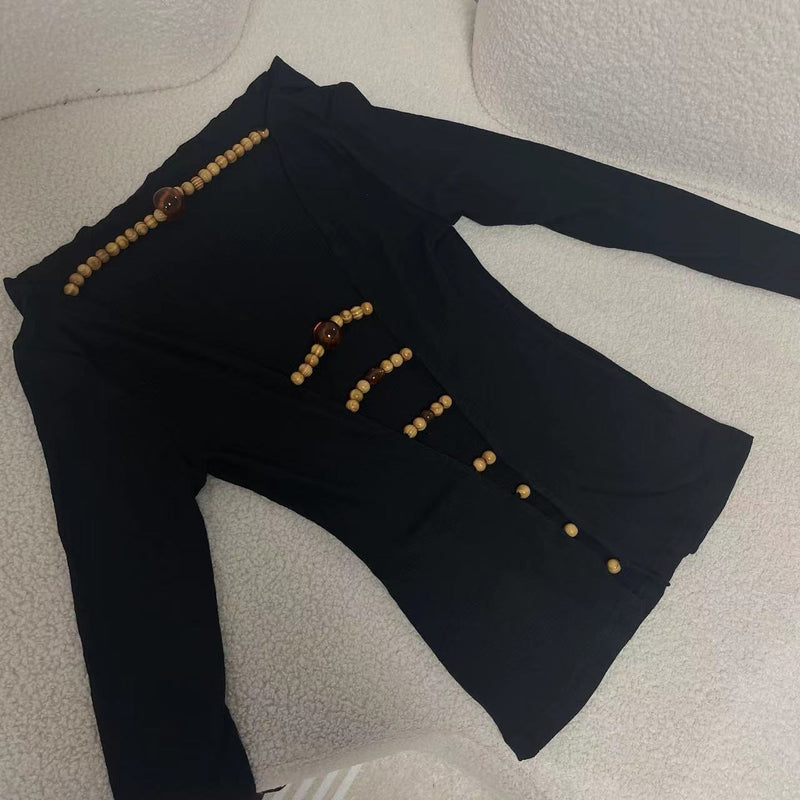 Long sleeve hollow out beaded v neck top
