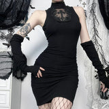 Vestido mini con cuello alto, guantes fruncidos y estampado cruzado 