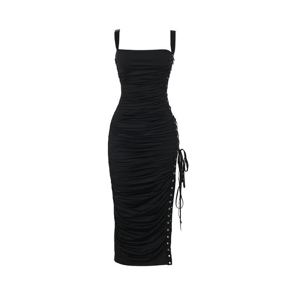 Robe midi à col carré, froncée et ajourée 