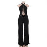 Mono con cuello halter, encaje, hueco, lazo en la espalda, sin espalda 