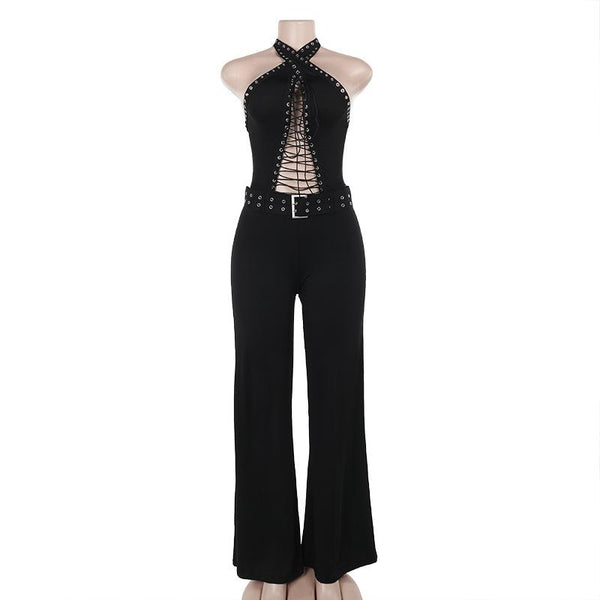 Mono con cuello halter, encaje, hueco, lazo en la espalda, sin espalda 