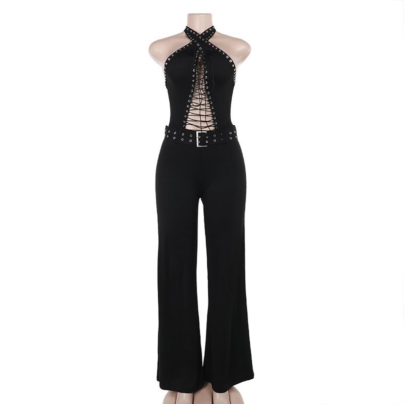 Mono con cuello halter, encaje, hueco, lazo en la espalda, sin espalda 