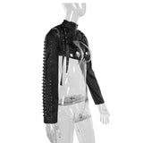 Top de manga larga con cremallera y apliques de remaches de cuero PU, calado 