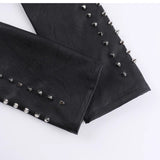 Top de manga larga con cremallera y apliques de remaches de cuero PU, calado 