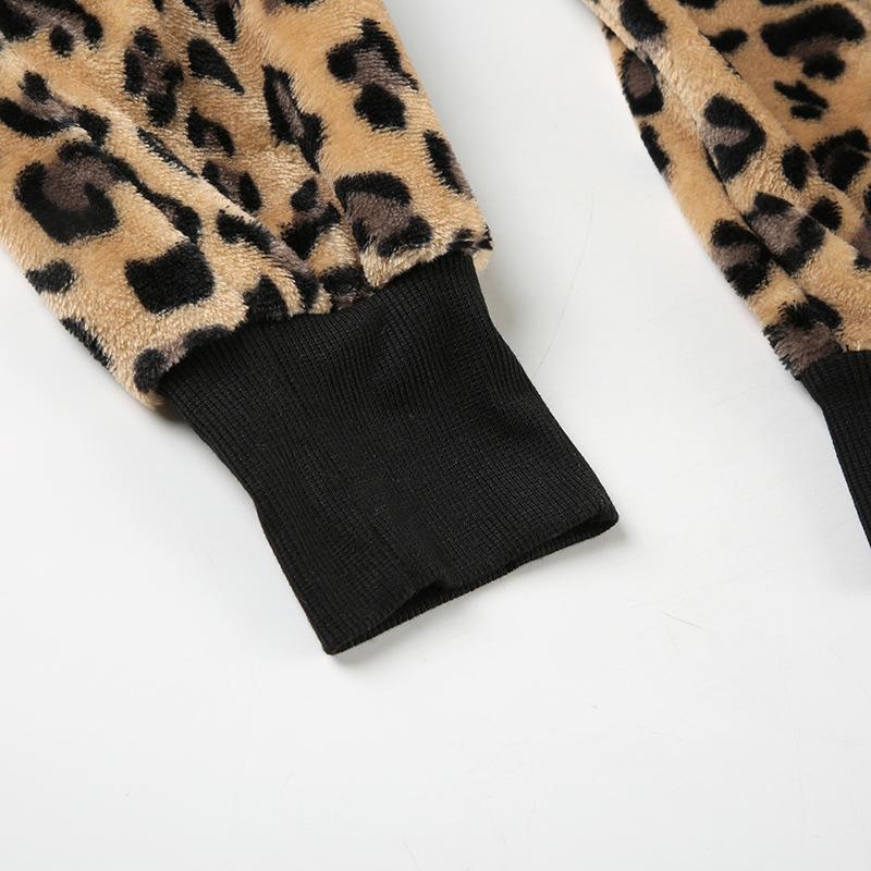 Sweat à capuche à manches longues et haut moelleux à imprimé léopard avec fermeture éclair 