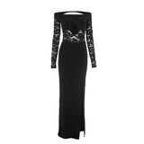 Robe longue en dentelle à manches longues et fentes ajourées sur les épaules 
