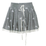 Drawstring lace hem bowknot print A line mini skirt