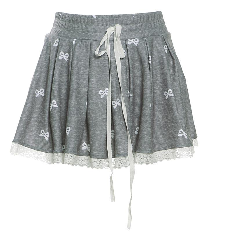 Drawstring lace hem bowknot print A line mini skirt