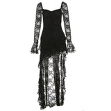 Mini-robe en dentelle à manches longues évasées et col en V irrégulier 