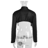 Top de manga larga con cremallera y apliques de remaches de cuero PU, calado 