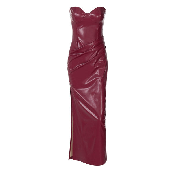 Robe midi tube plissée en cuir PU avec fermeture éclair et fente 