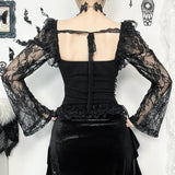 Long sleeve lace hem square neck self tie top