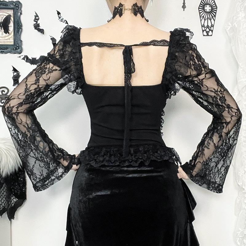 Long sleeve lace hem square neck self tie top