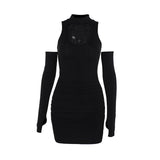 Vestido mini con cuello alto, guantes fruncidos y estampado cruzado 