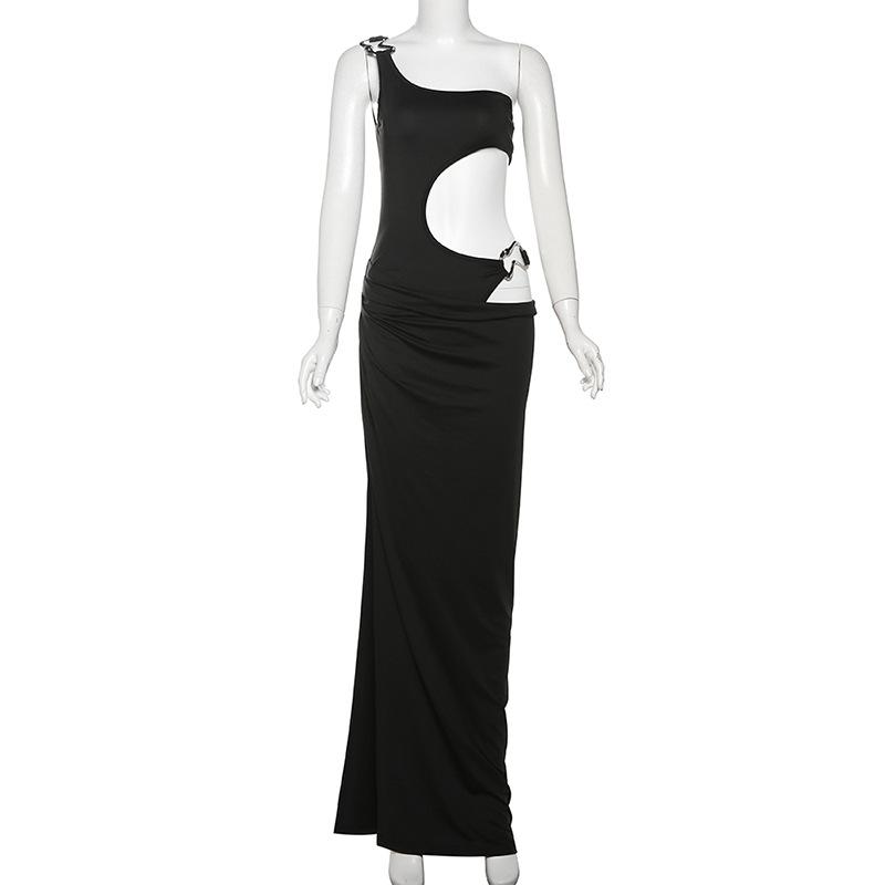 Robe longue irrégulière à une épaule, ajourée et fendue haute 