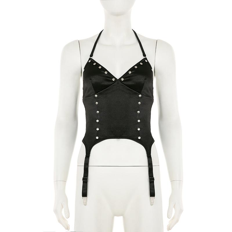 Top liso sin espalda, cuello en V y lazo tipo halter 