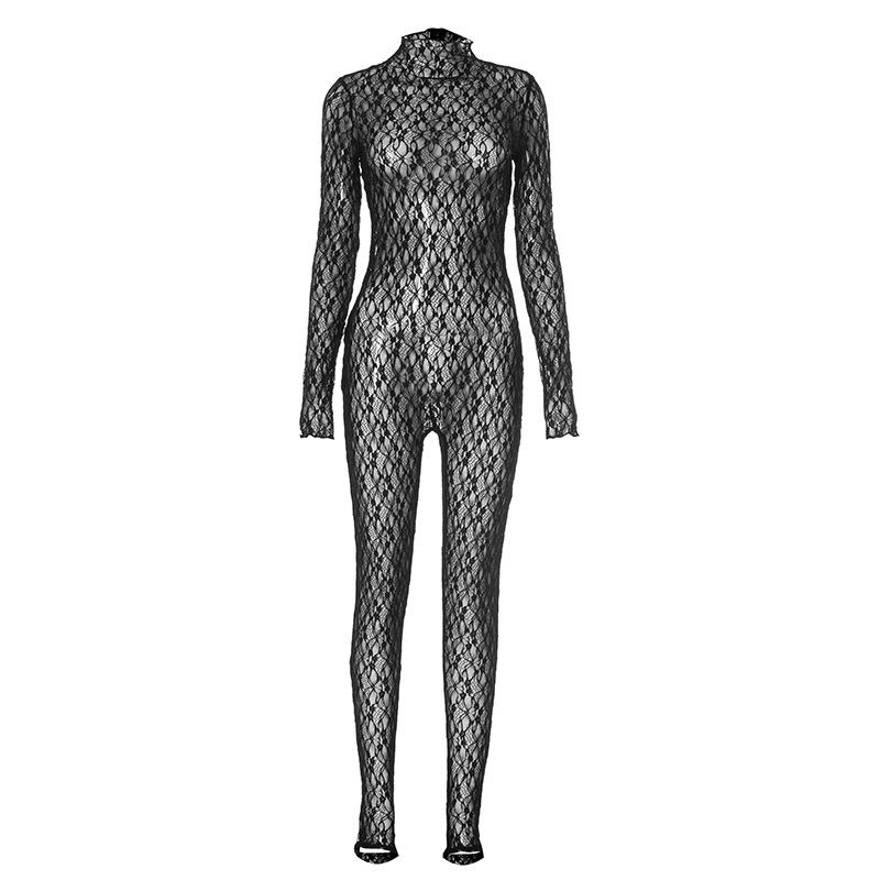 Long sleeve lace high neck zip-up see through jumpsuit