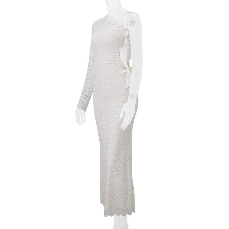 Hollow out long sleeve lace hem bowknot maxi dress