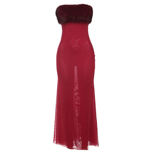 Vestido largo de tubo sin espalda con retazos de malla esponjosa 