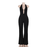 Halter self tie deep V neck lace backless jumpsuit