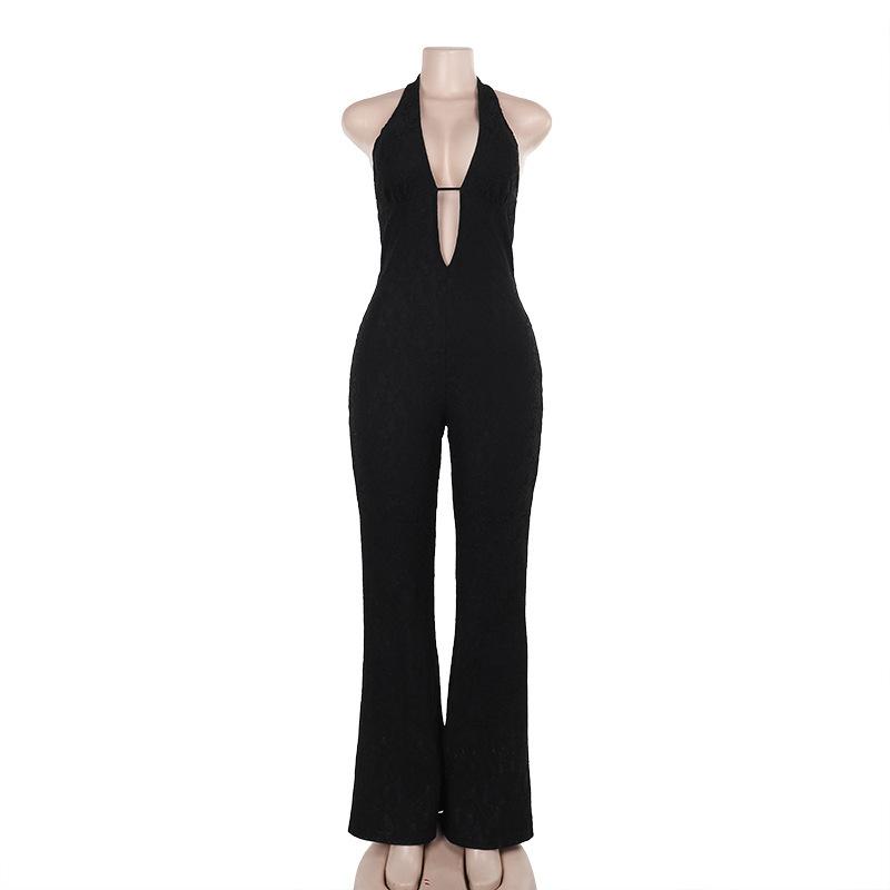 Halter self tie deep V neck lace backless jumpsuit