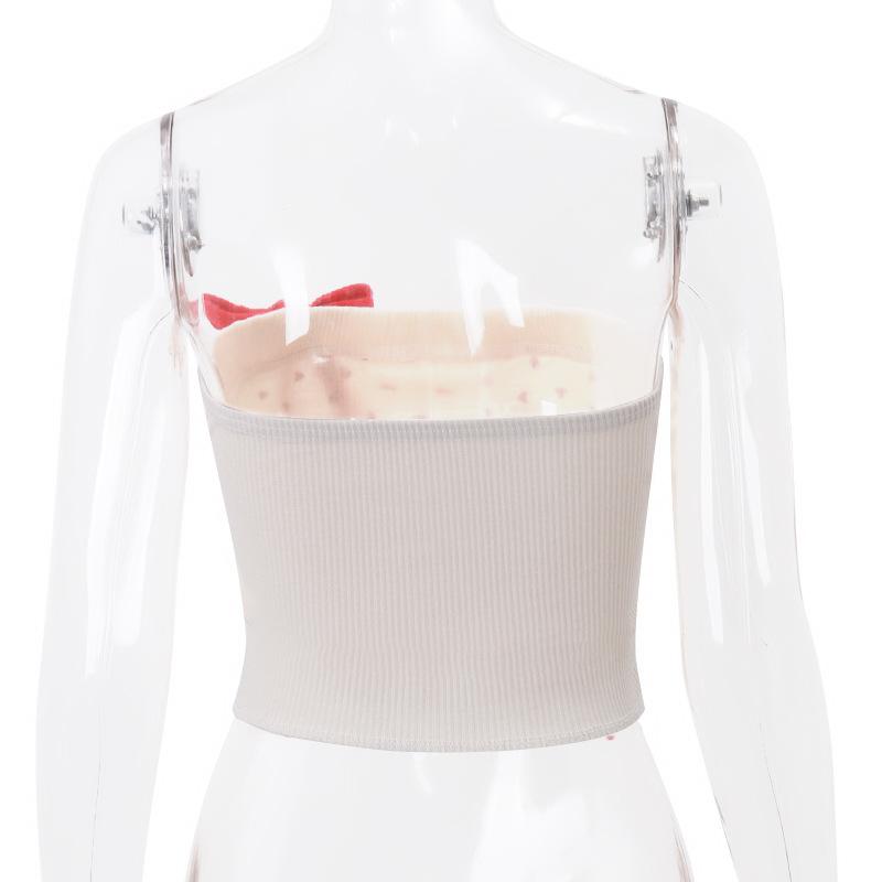 Bowknot applique heart print mesh tube top