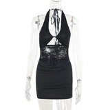 Halter self tie hollow out lace ruched mini dress
