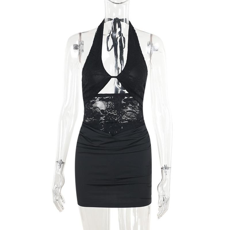 Halter self tie hollow out lace ruched mini dress
