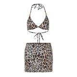 Halter self tie leopard print v neck mini skirt set