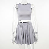 Crewneck ruched backless solid mini skirt set