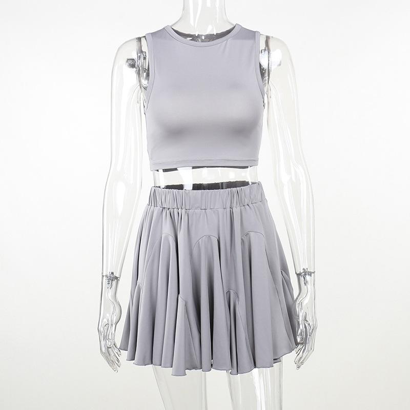 Crewneck ruched backless solid mini skirt set