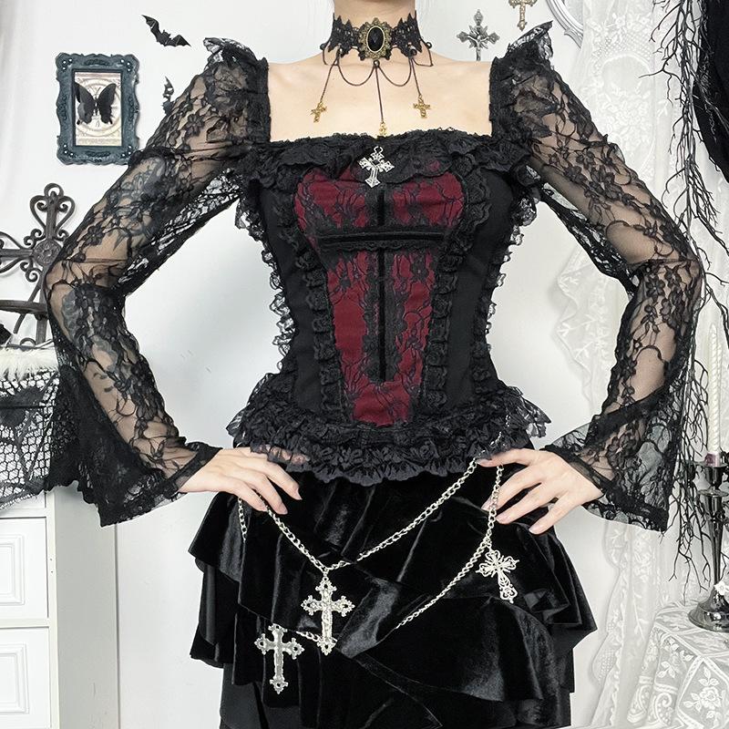 Long sleeve lace hem square neck self tie top