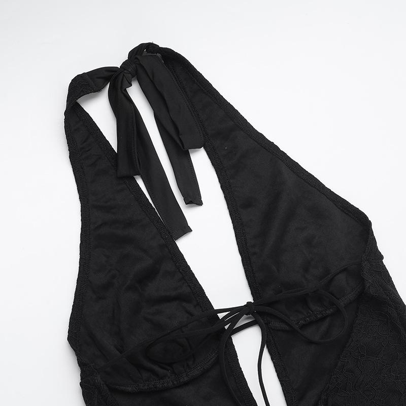 Halter self tie deep V neck lace backless jumpsuit