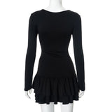 Vestido mini liso con cuello redondo y manga larga fruncida 
