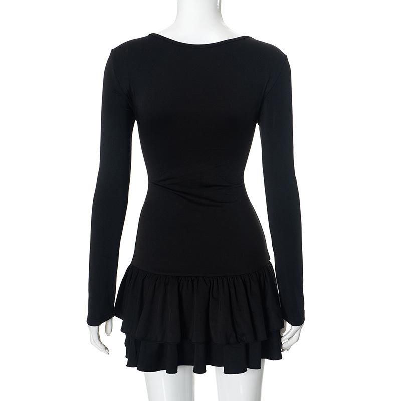 Vestido mini liso con cuello redondo y manga larga fruncida 