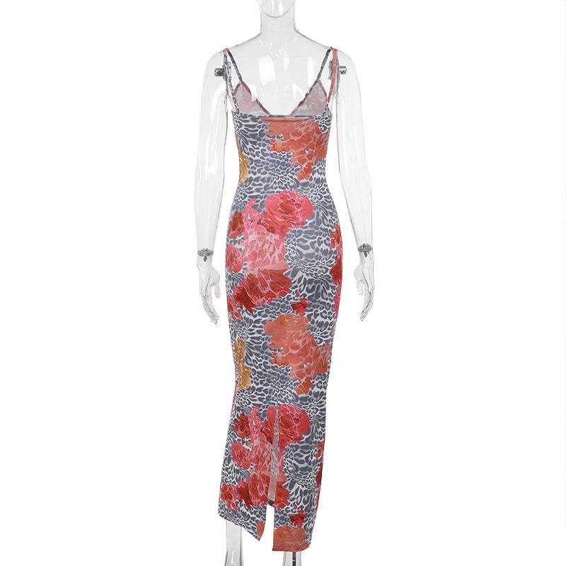 Vestido largo con escote en V, estampado de leopardo, abertura en la espalda y sin espalda 