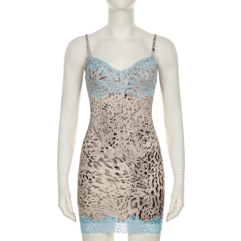 Leopard print v neck lace hem cami mini dress