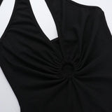 Mini-robe licou à nouer soi-même, froncée et perlée, col en V 