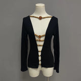 Long sleeve hollow out beaded v neck top
