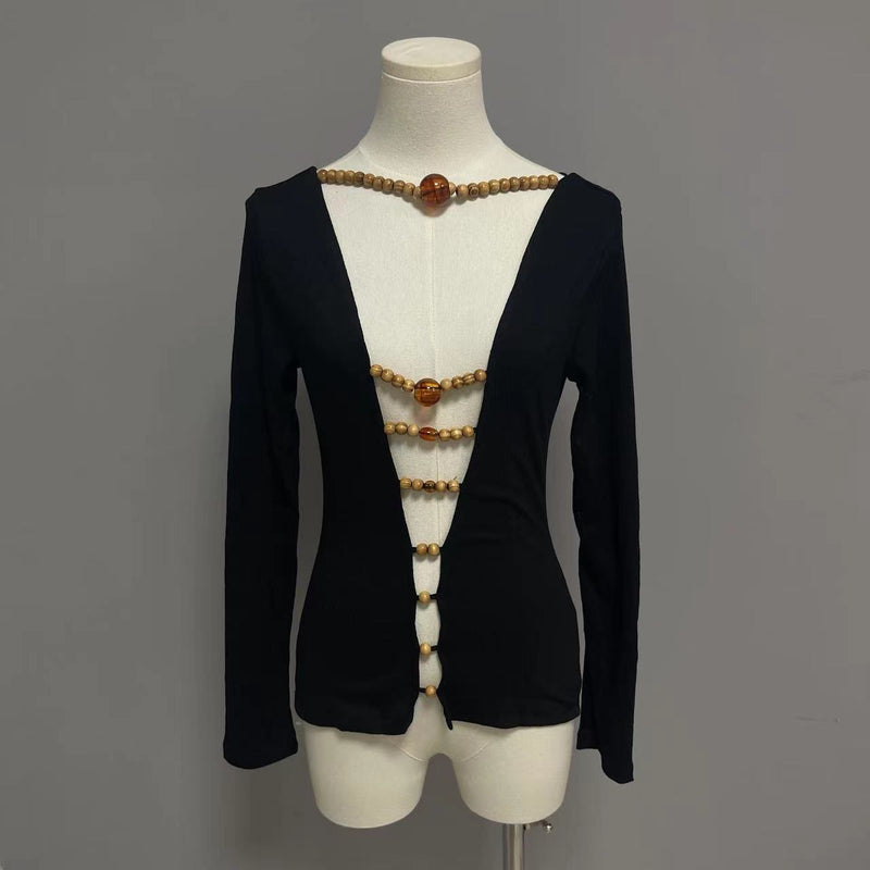 Long sleeve hollow out beaded v neck top