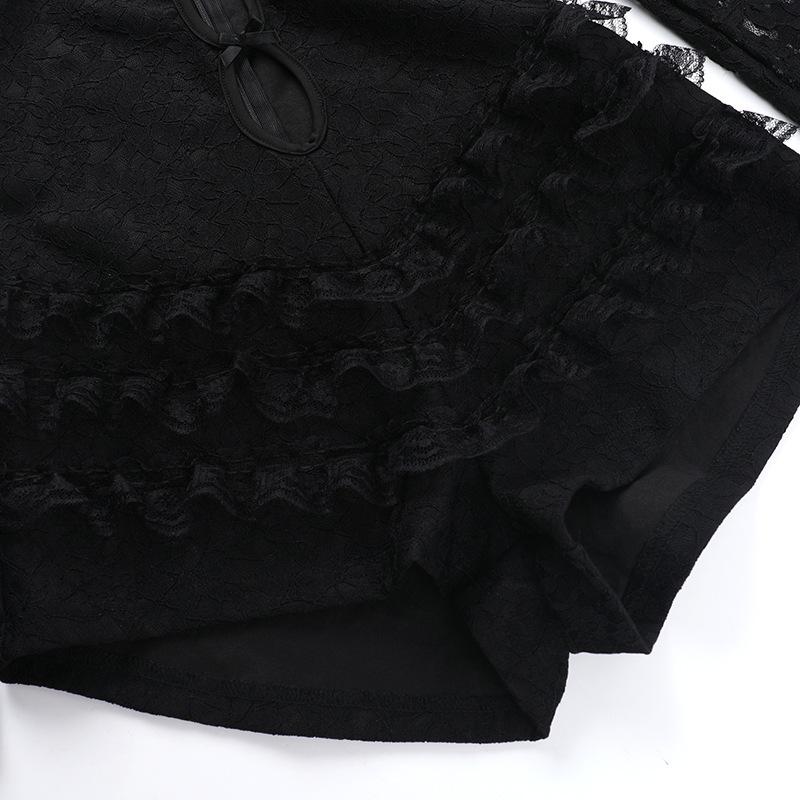 Hollow out zip-up bowknot lace hem long sleeve romper