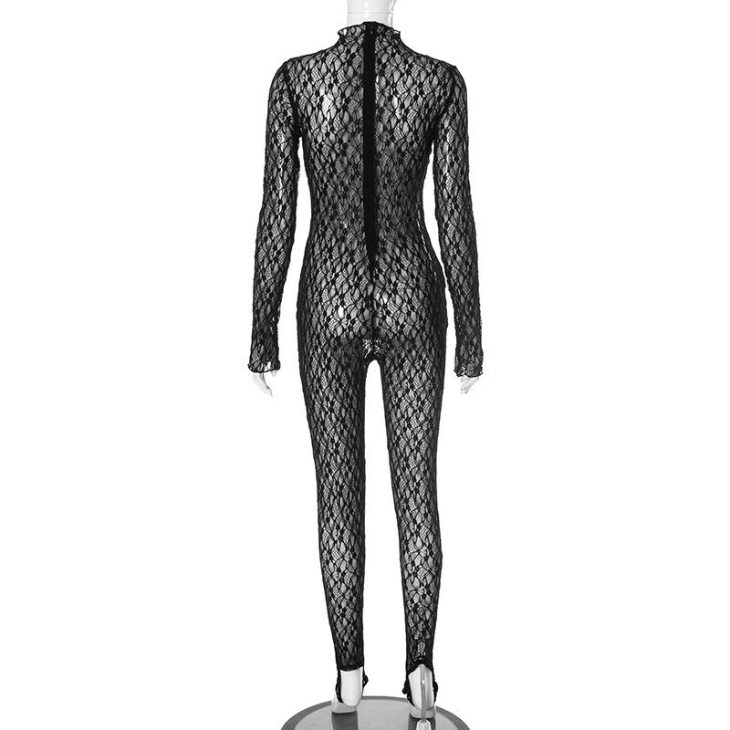 Long sleeve lace high neck zip-up see through jumpsuit
