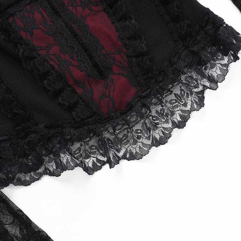Long sleeve lace hem square neck self tie top